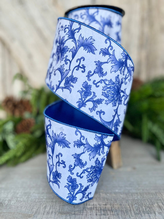 4" Blue Chinoiserie Ribbon, Blue and White Chinoiserie Ribbon, Wired RIbbon