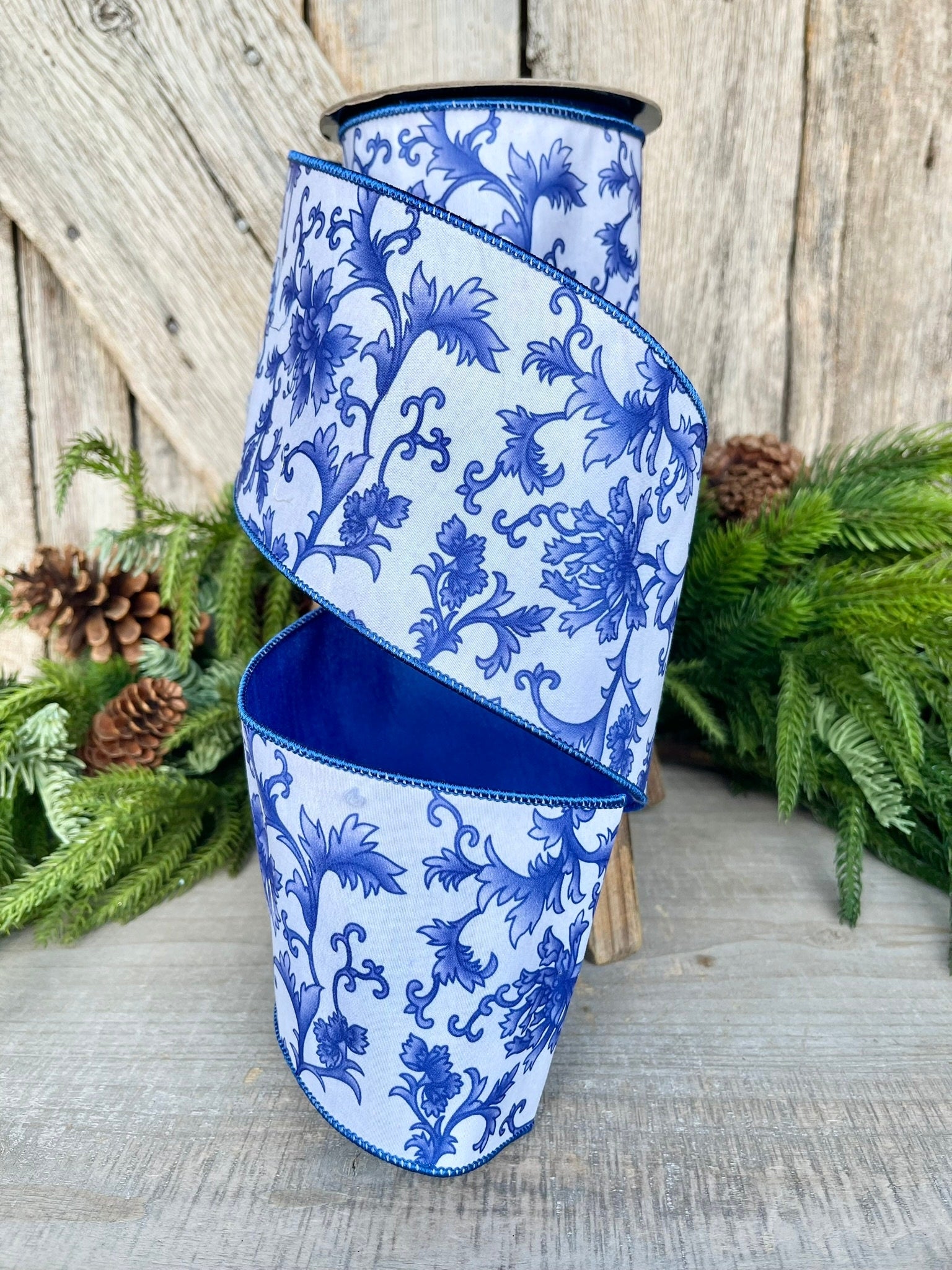 4" Blue Chinoiserie Ribbon, Blue and White Chinoiserie Ribbon, Wired RIbbon