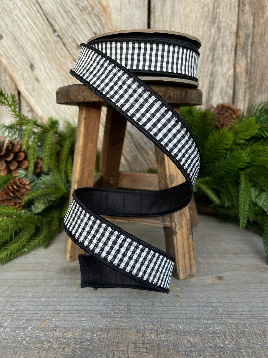 1" Black White Check Ribbon, D. Stevens Ribbon, Designer Ribbon