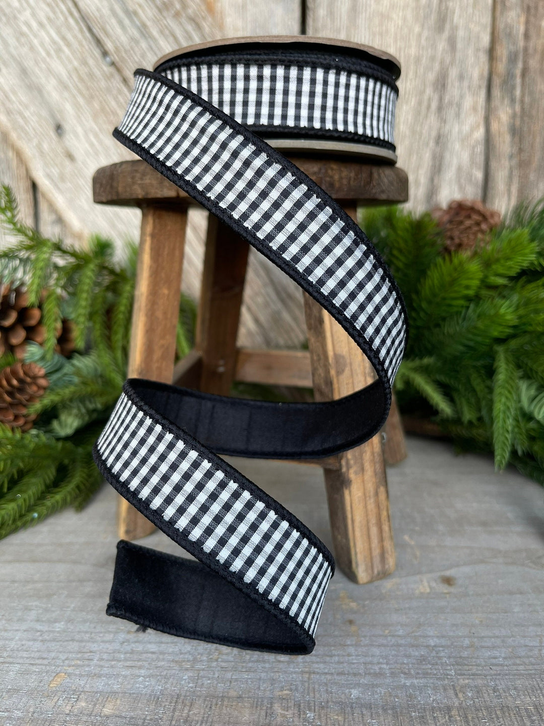 1" Black White Check Ribbon, D. Stevens Ribbon, Designer Ribbon