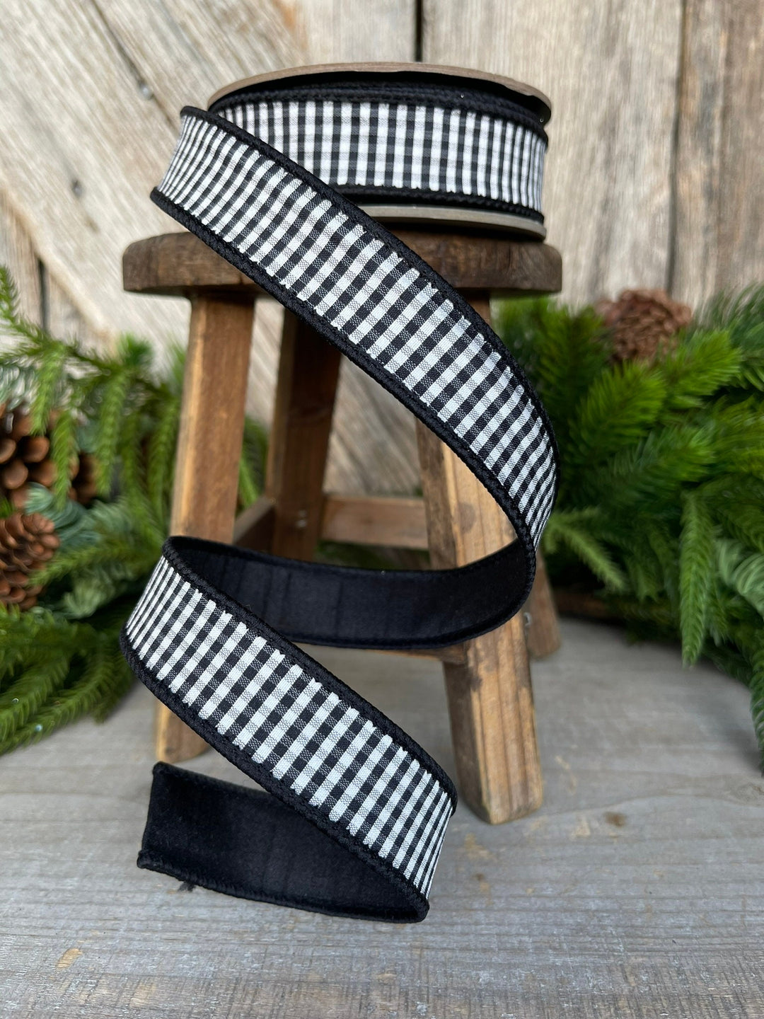 1" Black White Check Ribbon, D. Stevens Ribbon