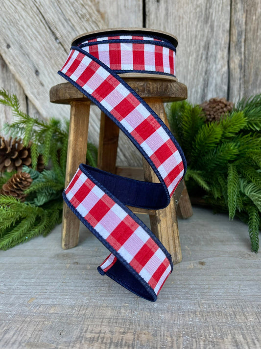 1" Patriotic Ribbon, D Stevens Ribbon, Red white blue check ribbon