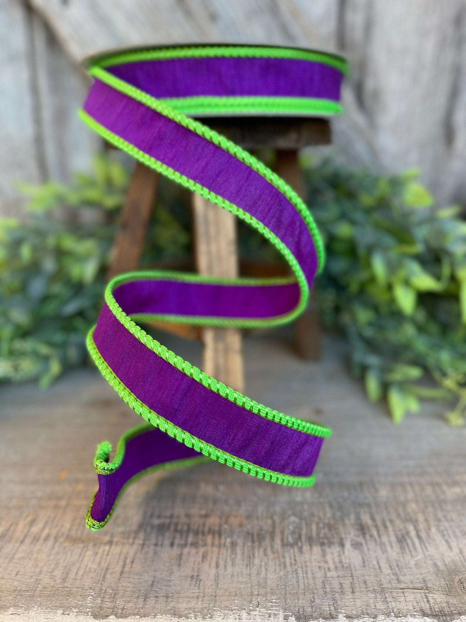 1" Purple Lime Green Corded Ribbon, Farrisilk Ribbon, Wired Ribbon