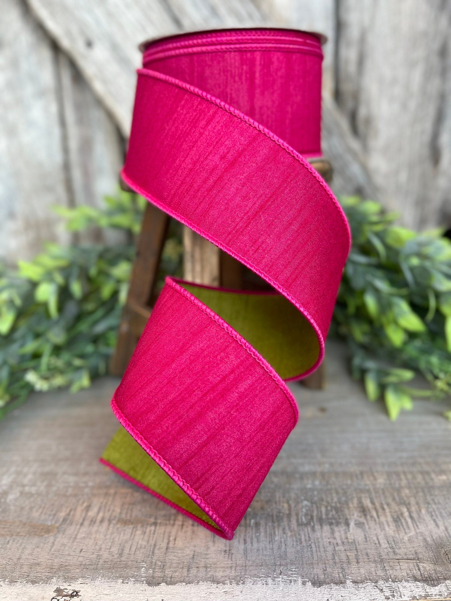 2.5" Hot Pink Spring Greenery Ribbon,Farrisilk Ribbon, Hot Pink Green Ribbon, Spring Summer Ribbon