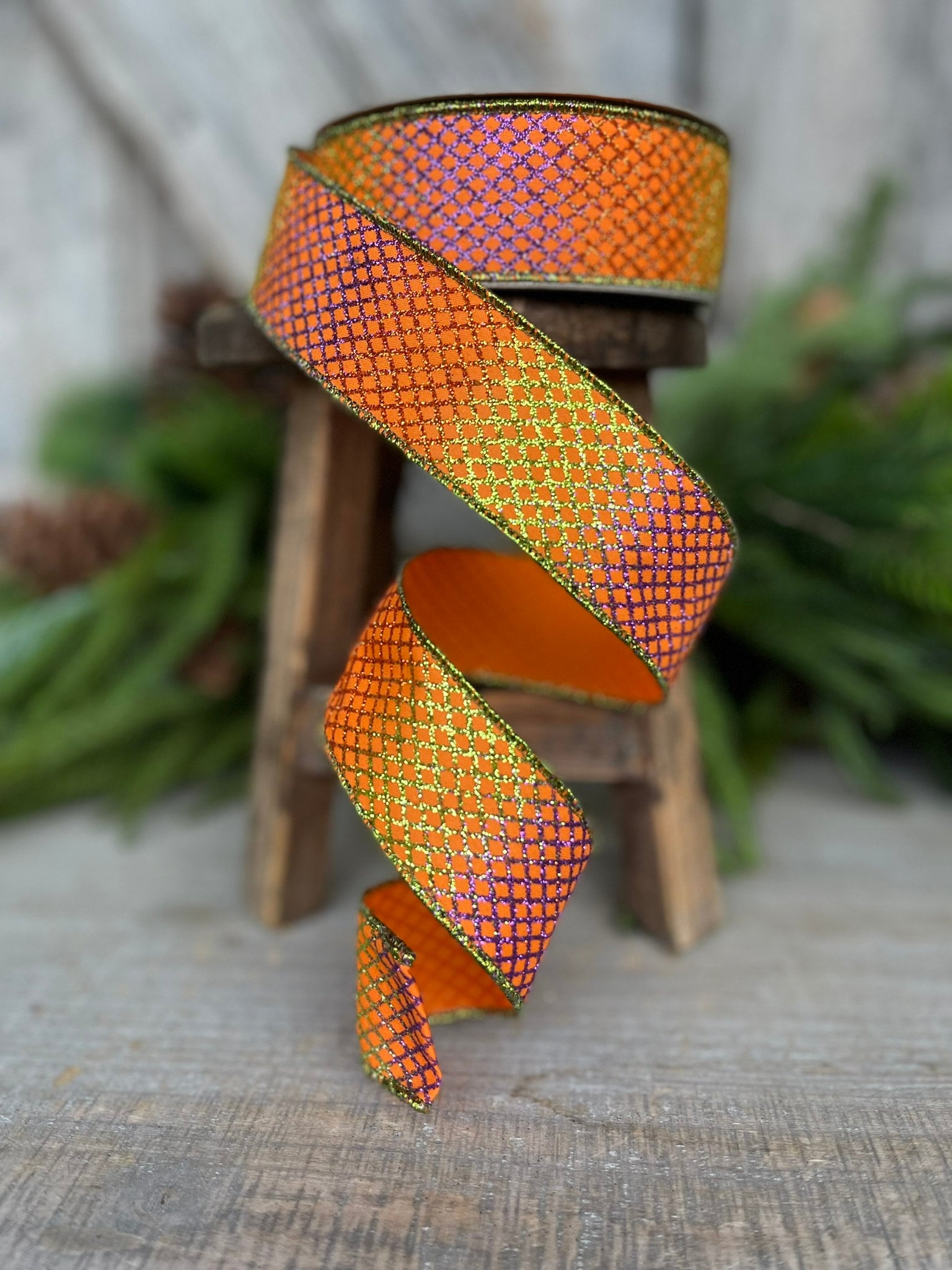 1.5" Orange Lizard Lattice Wired Ribbon, Farrisilk Ribbon, Designer Ribbon