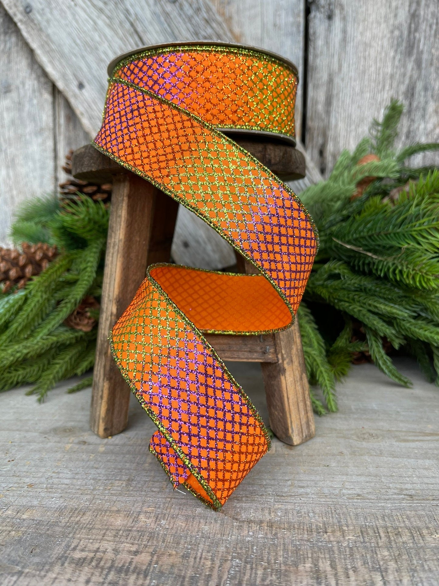1.5" Orange Lizard Lattice Wired Ribbon, Farrisilk Ribbon, Designer Ribbon