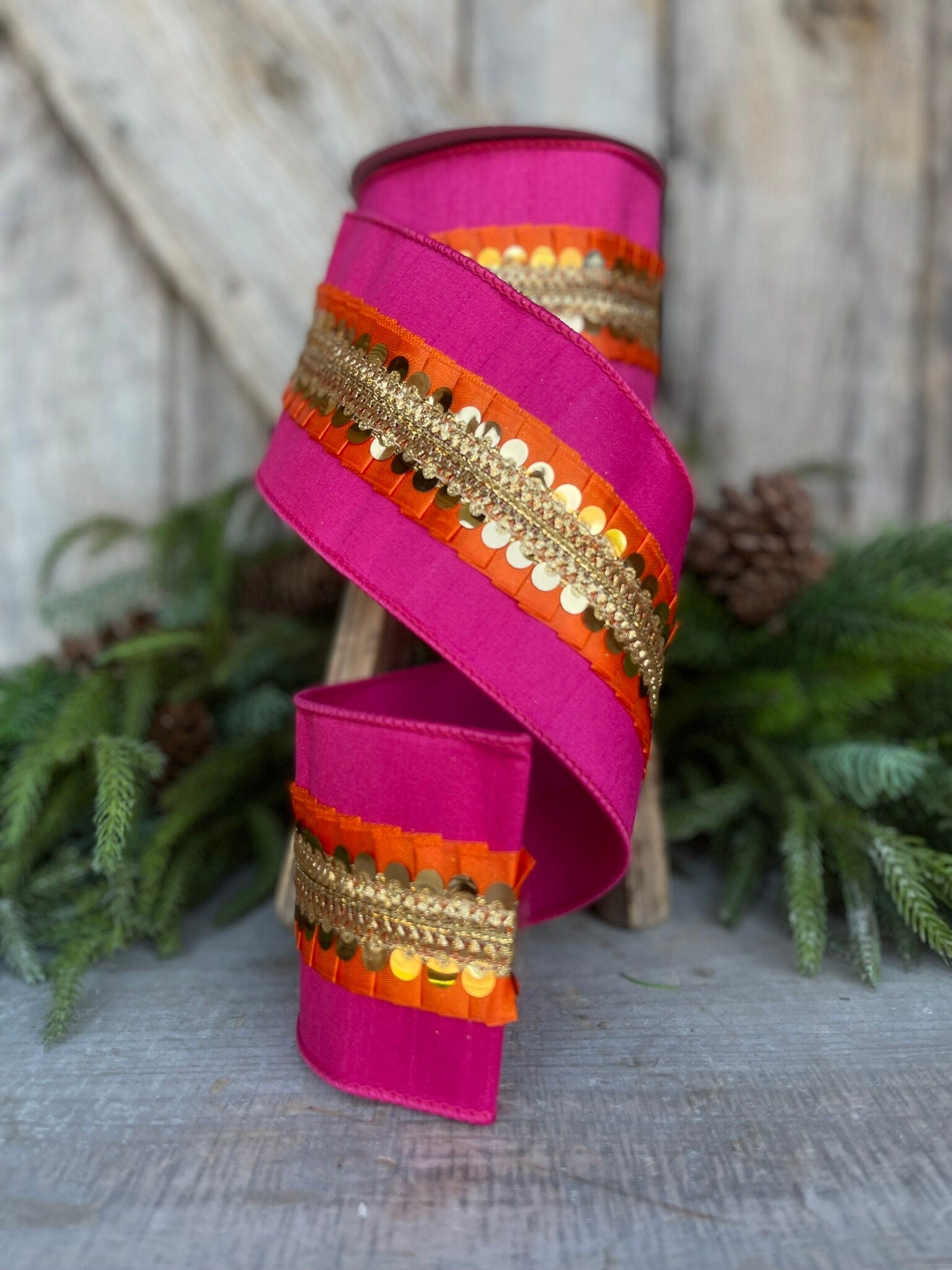 4" Pink Orange Nutcracker Frills, Farrisilk RIbbon, Pink Wired RIbbon