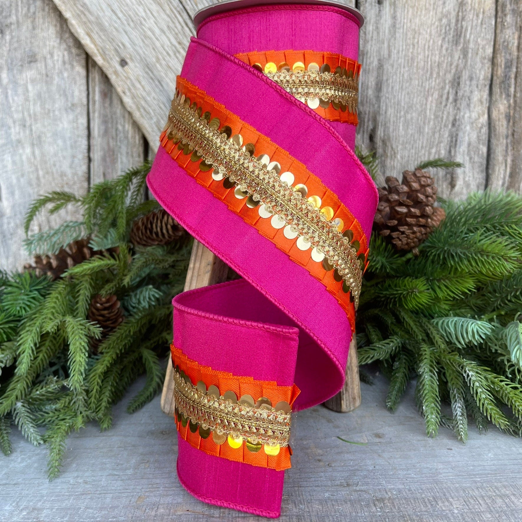 4" Pink Orange Nutcracker Frills, Farrisilk RIbbon, Pink Wired RIbbon