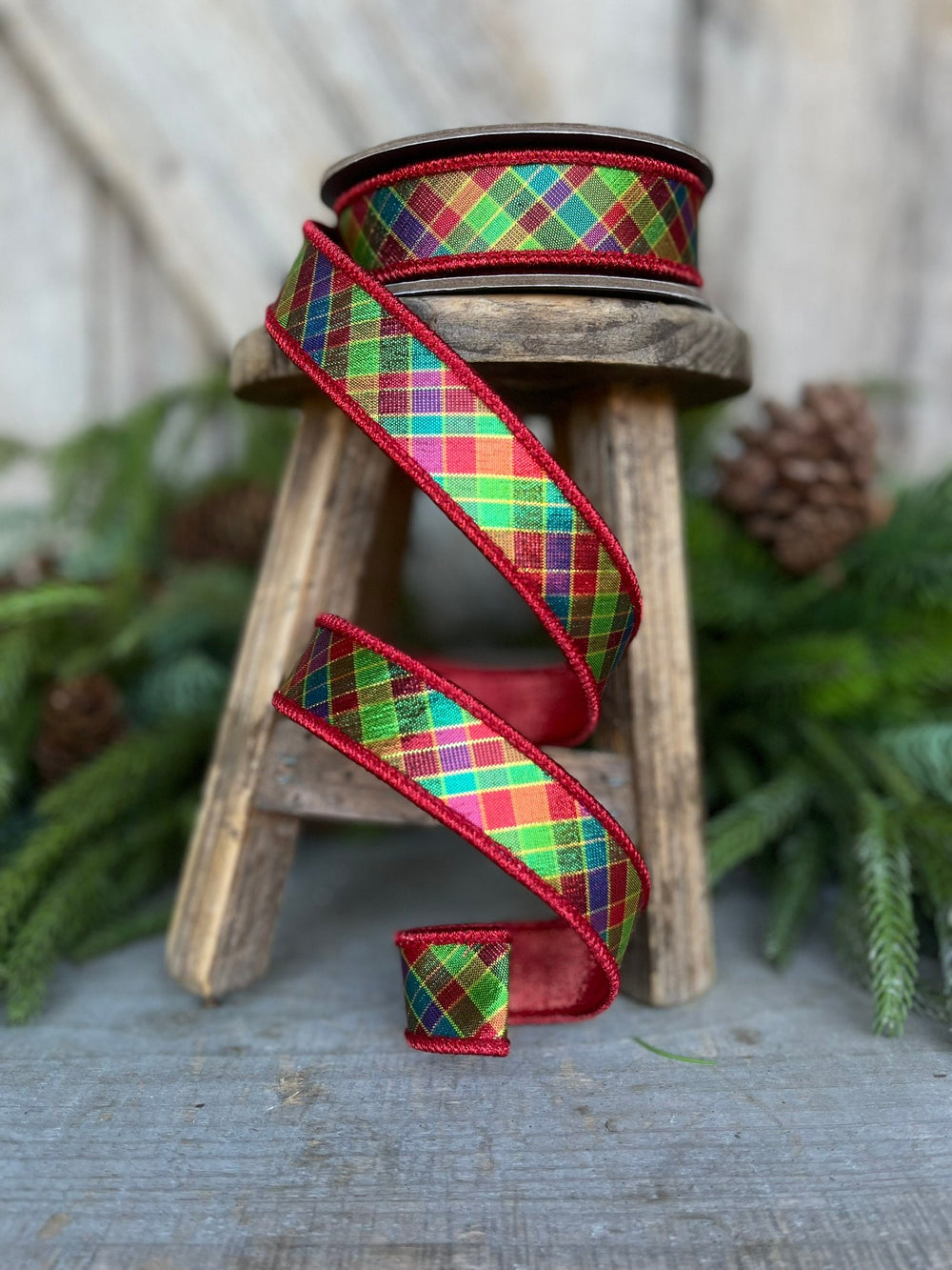 7/8" Jewel Tone Plaid Metallic Ribbon, Wired RIbbon