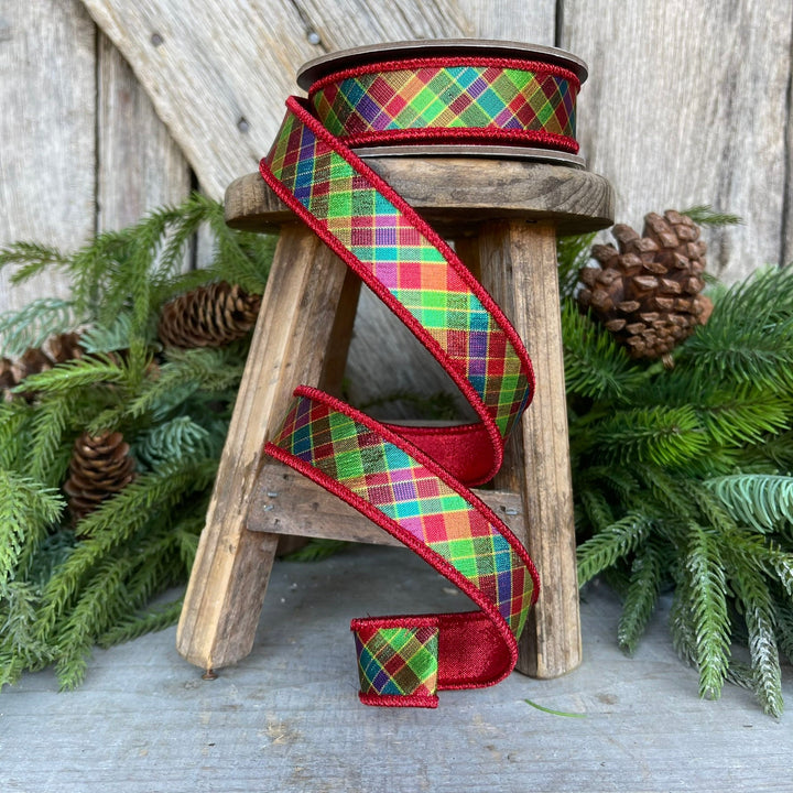 7/8" Jewel Tone Plaid Metallic Ribbon, Wired RIbbon, CHristmas RIbbon