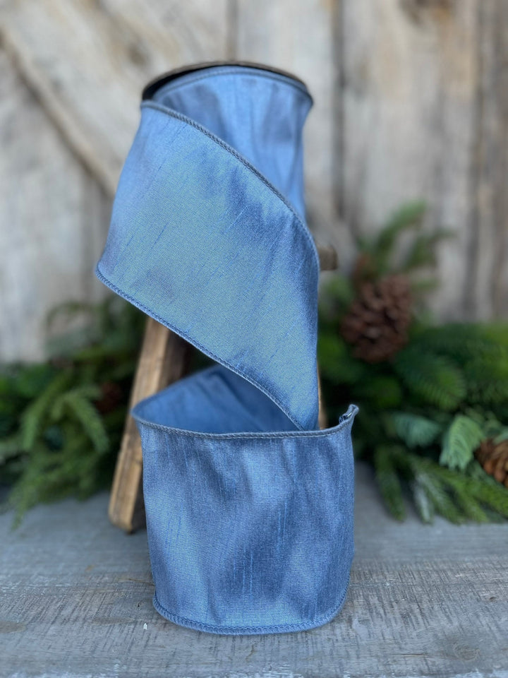 4" French Blue Dupioni Ribbon, Wired Ribbon