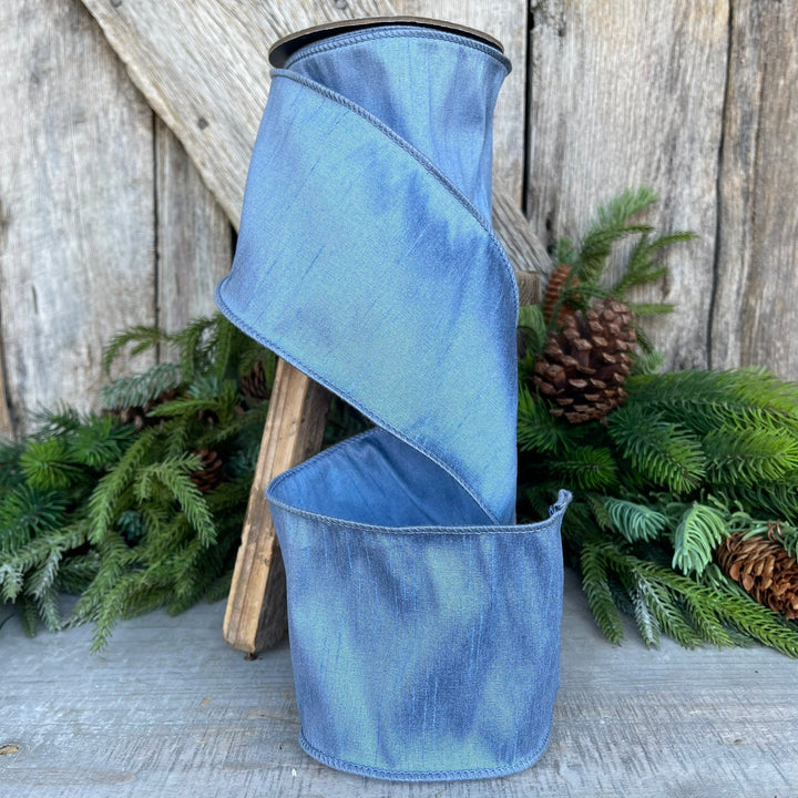 4" French Blue Dupioni Ribbon, Wired Ribbon