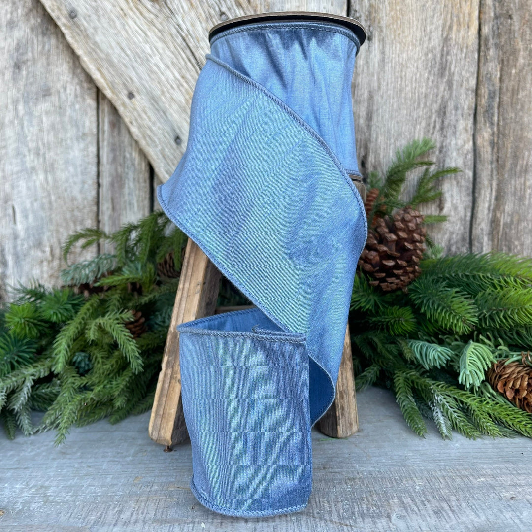 4" French Blue Dupioni Ribbon, Wired Ribbon