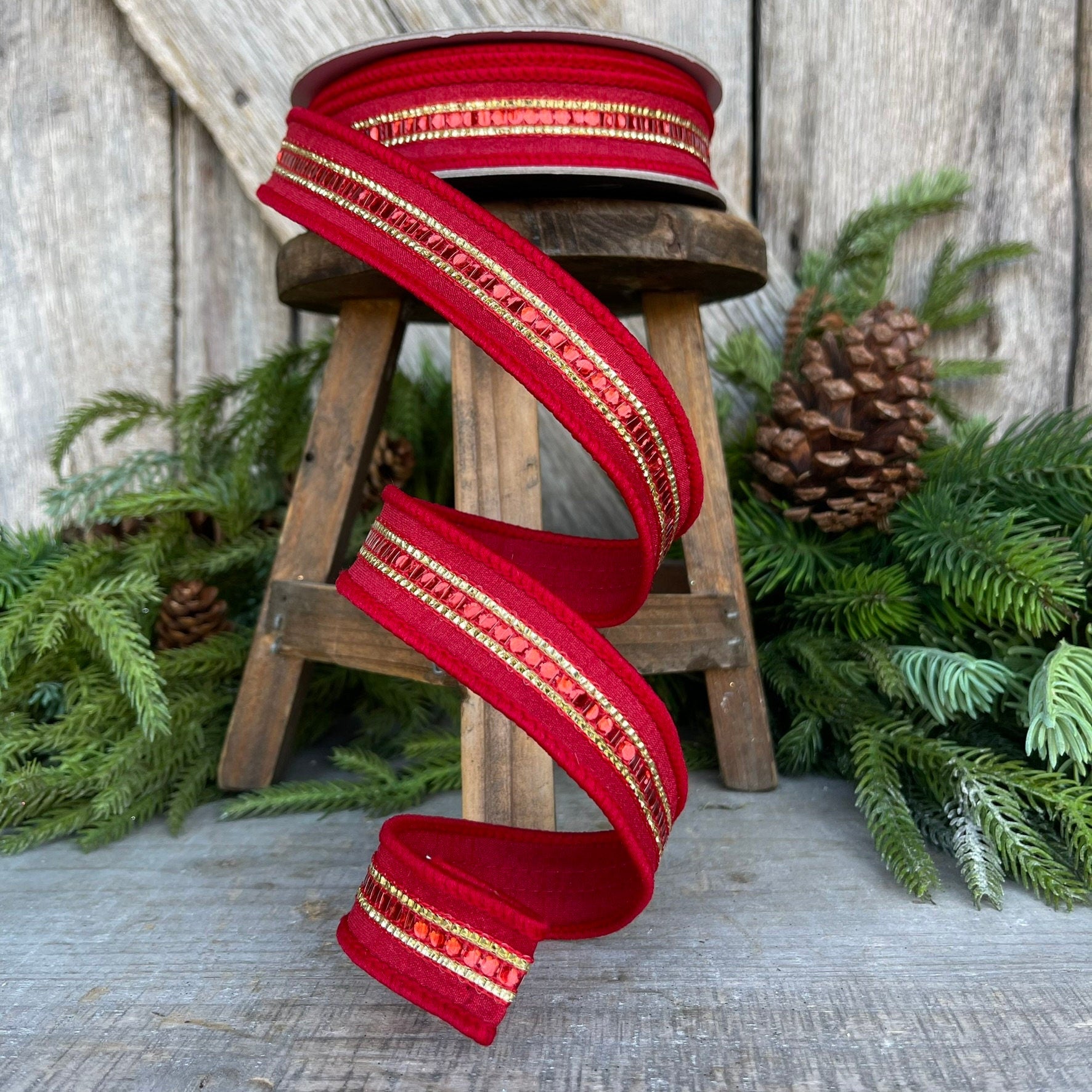 1" Red Silver Twinkle Trim Ribbon, Farrisilk ribbon, Red Silver Jeweled RIbbon, Red Christmas Ribbon, Designer RIbbon, RK756-57