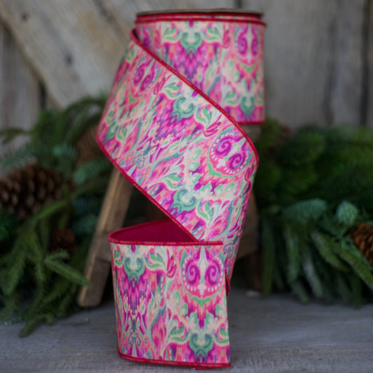 4" Pink Green Ikat Ribbon, Farrisilk Ribbon