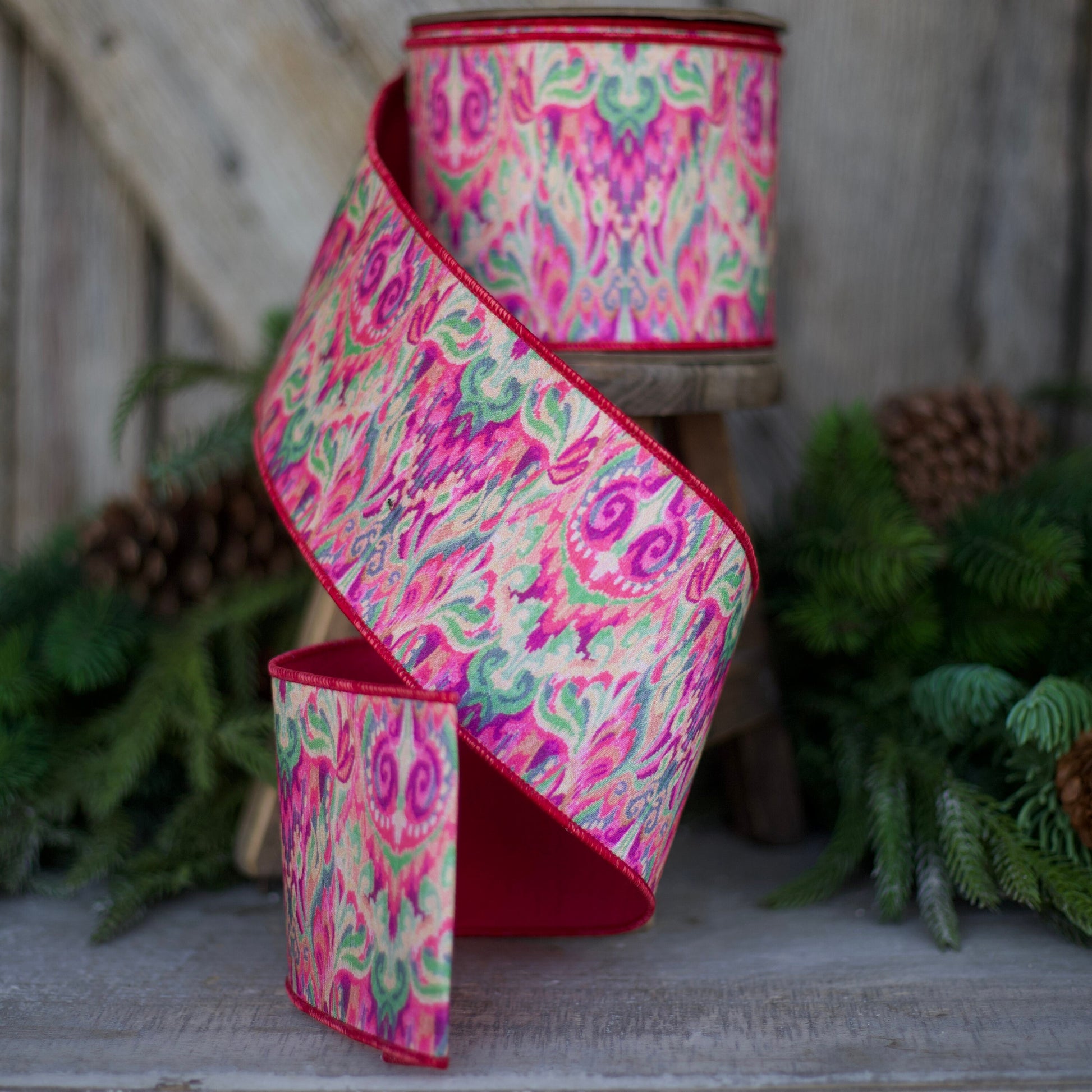 4" Pink Green Ikat Ribbon, Farrisilk Ribbon