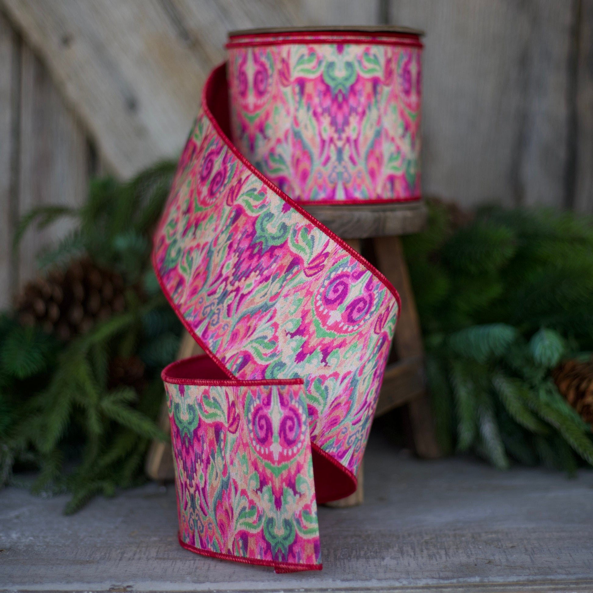 4" Pink Green Ikat Ribbon, Farrisilk Ribbon
