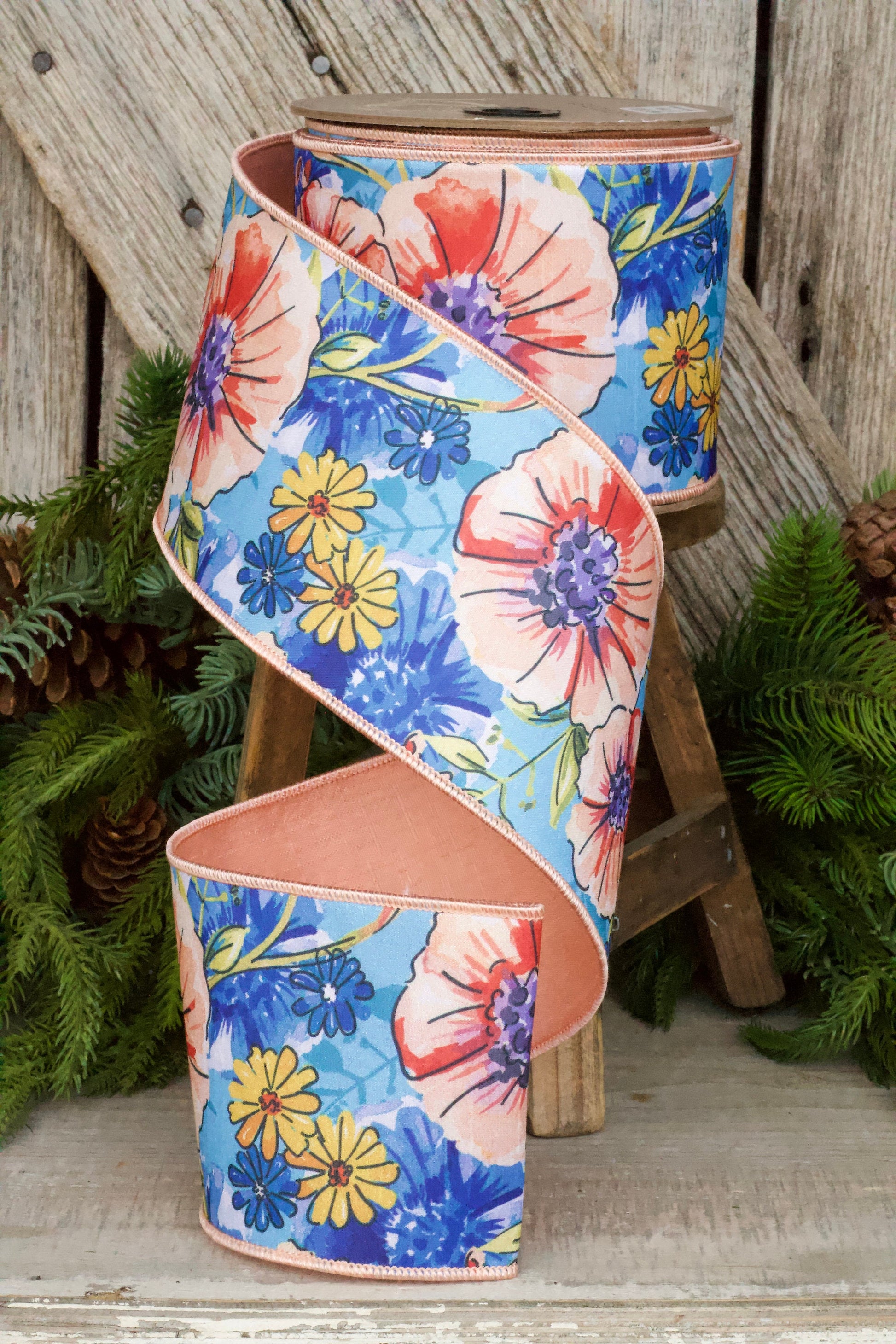 4" Blue Daisy Primrose Ribbon by D Stevens, Wired Ribbon