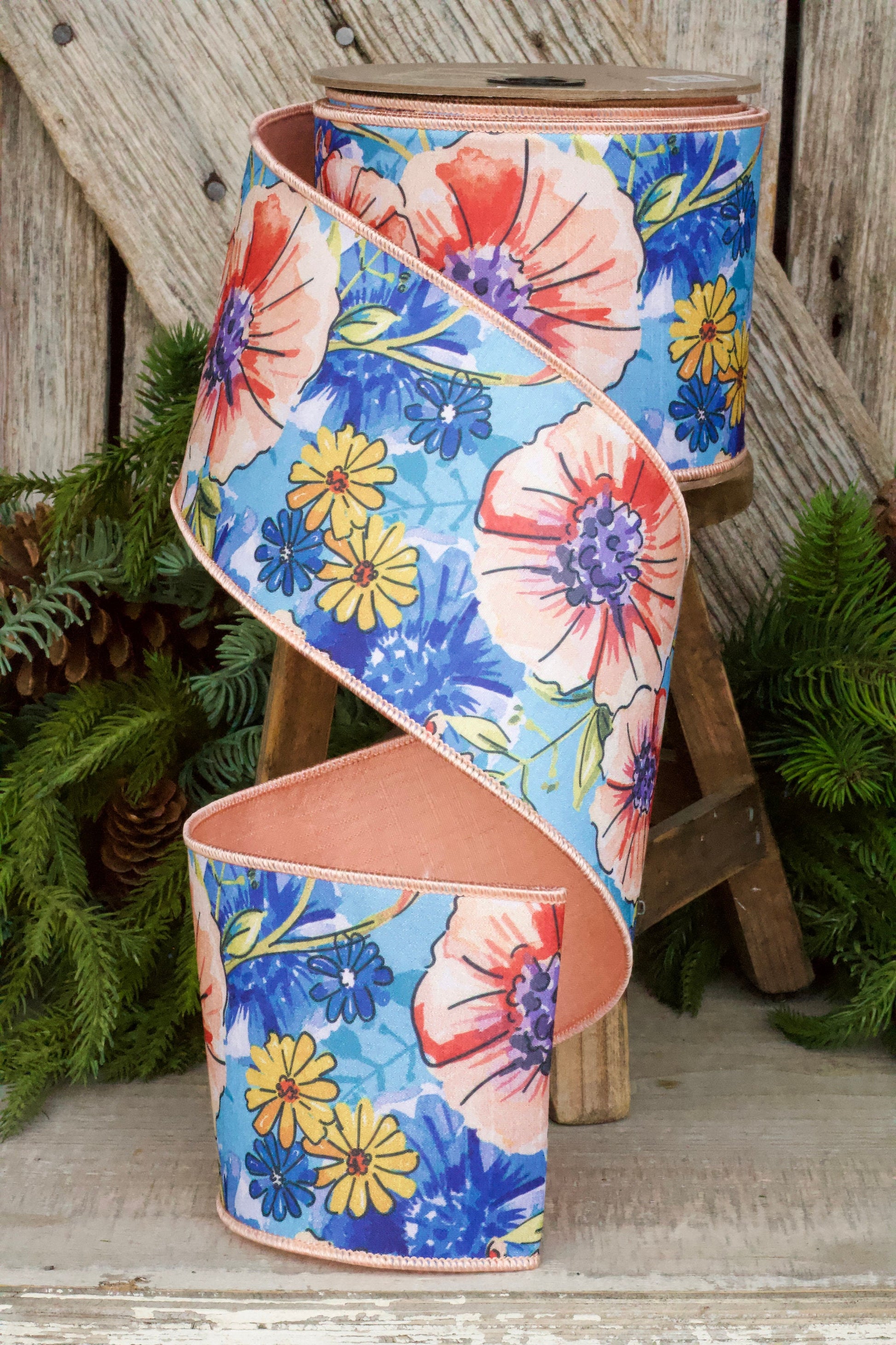 4" Blue Daisy Primrose Ribbon by D Stevens, Wired Ribbon