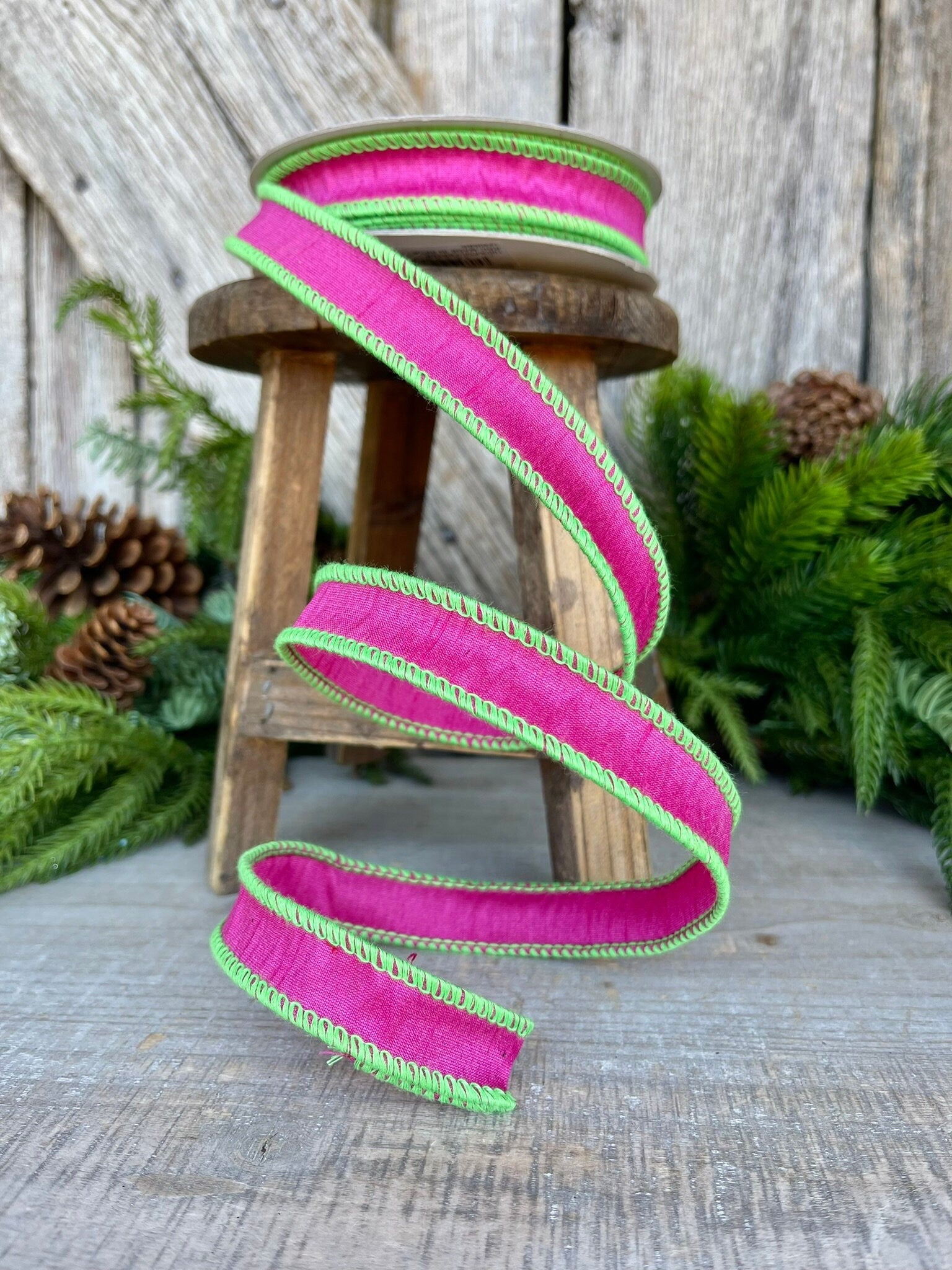 1" Hot Pink Lime Green Cord Ribbon, Hot Pink Ribbon, Narrow Ribbon