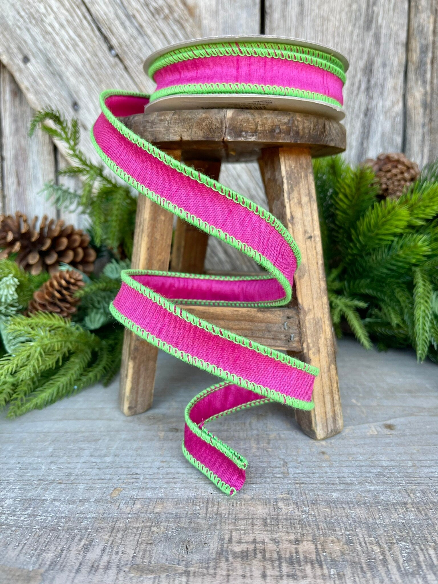 1" Hot Pink Lime Green Cord Ribbon, Hot Pink Ribbon, Narrow Ribbon