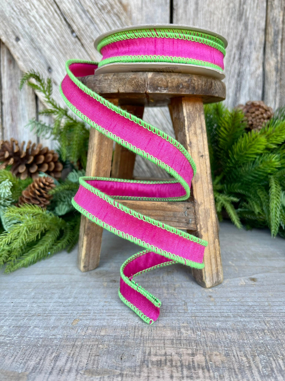 1" Hot Pink Lime Green Cord Ribbon, Hot Pink Ribbon, Narrow Ribbon