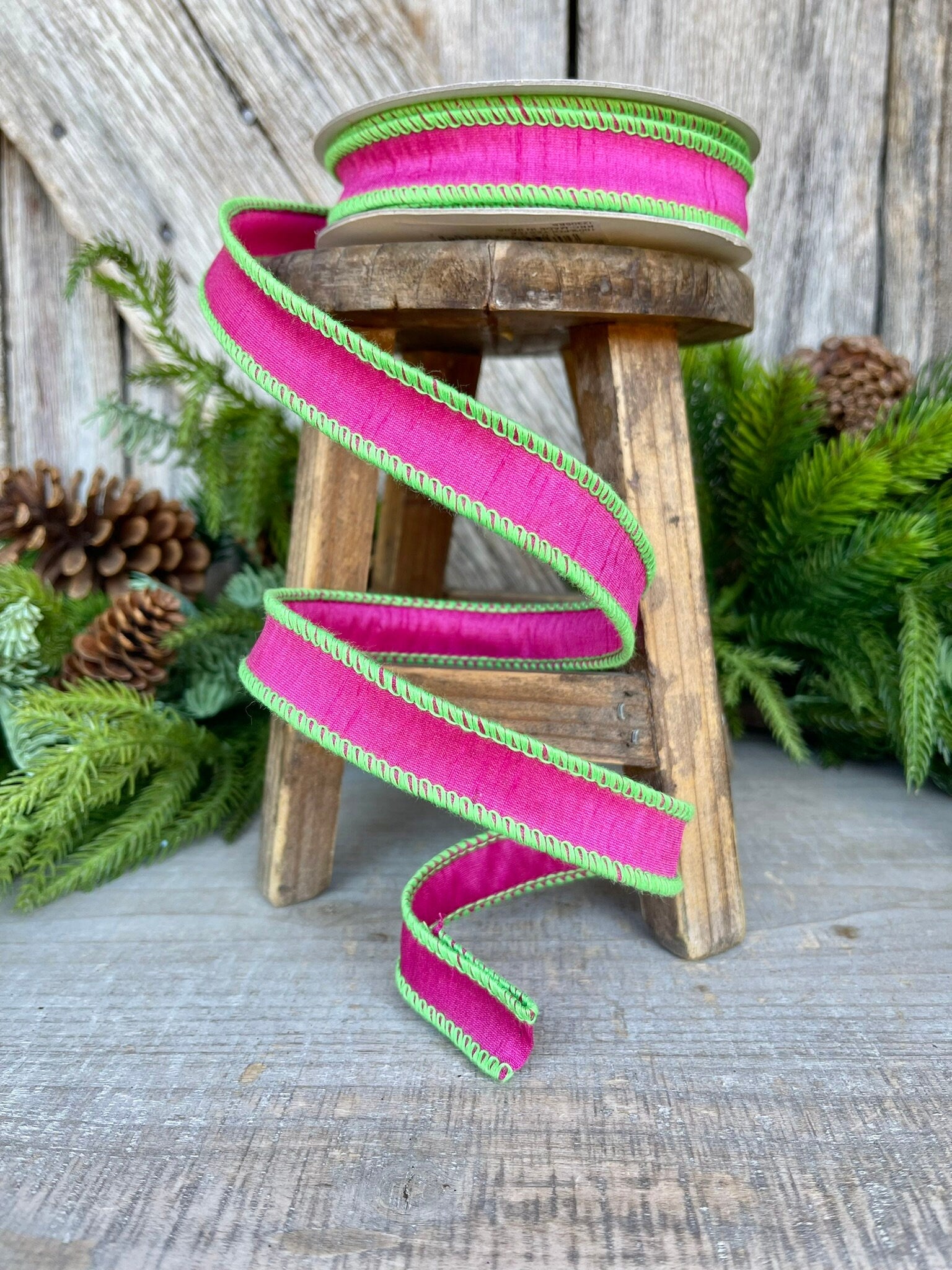 1" Hot Pink Lime Green Cord Ribbon, Hot Pink Ribbon, Narrow Ribbon