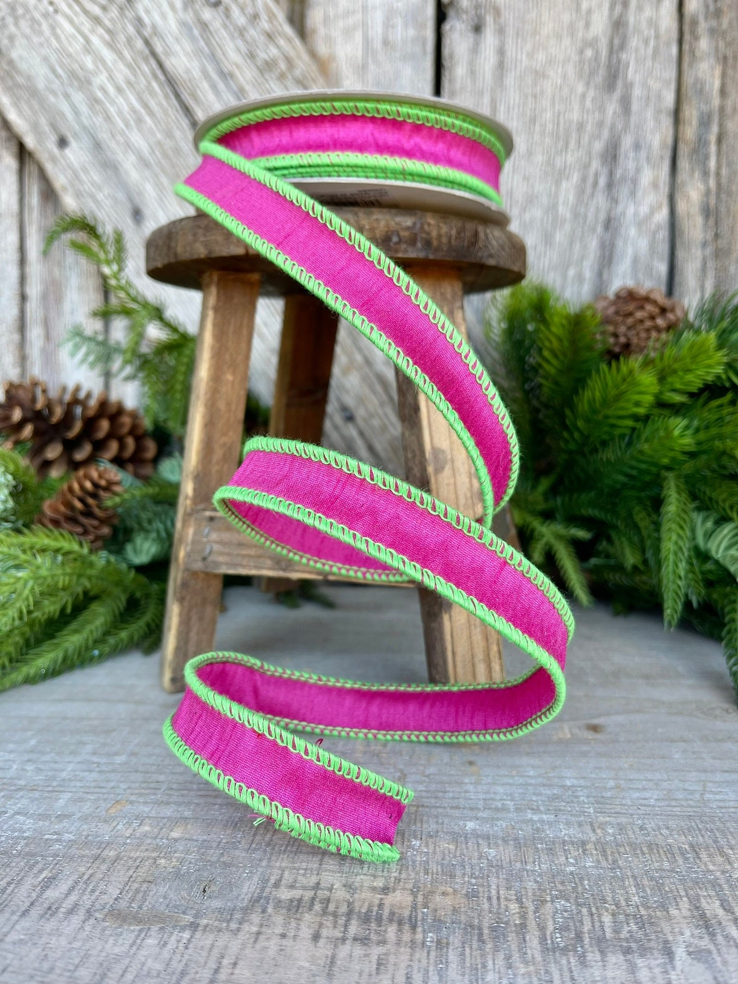 1" Hot Pink Lime Green Cord Ribbon, Hot Pink Ribbon, Narrow Ribbon