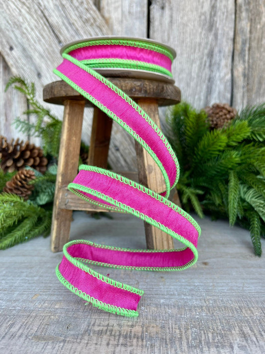 1" Hot Pink Lime Green Cord Ribbon, Hot Pink Ribbon, Narrow Ribbon
