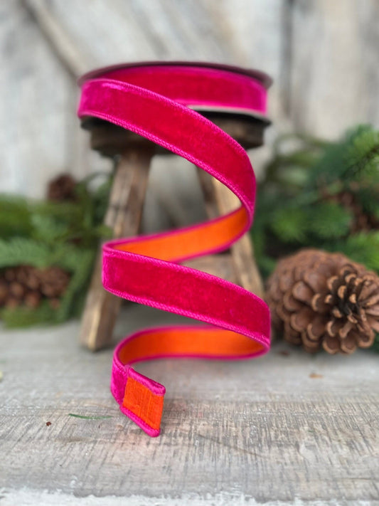1" Pink Orange Velvet, Farrisilk Ribbon, Wired Ribbon