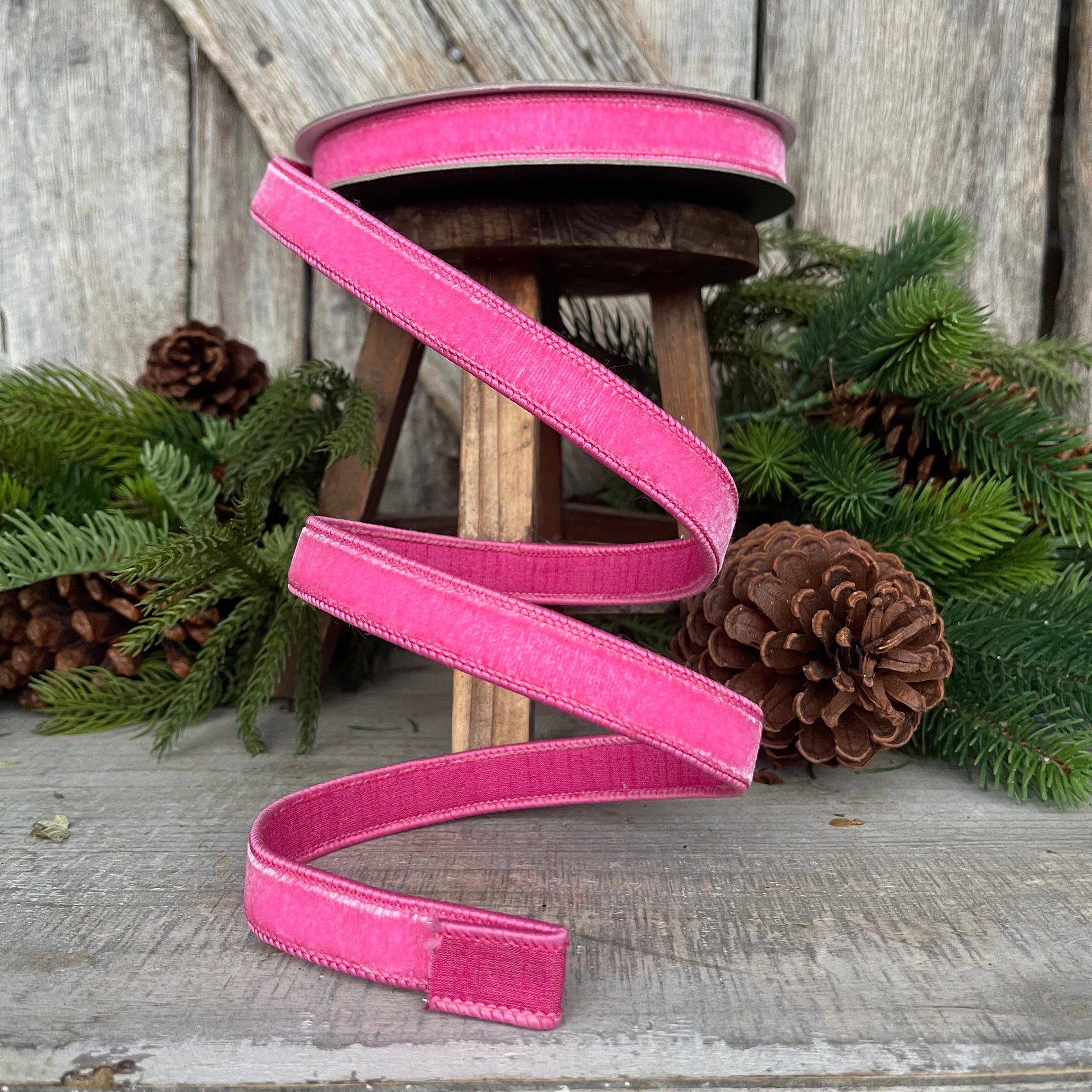 3/4" BubbleGum Pink Velvet Ribbon, Wired Velvet Ribbon