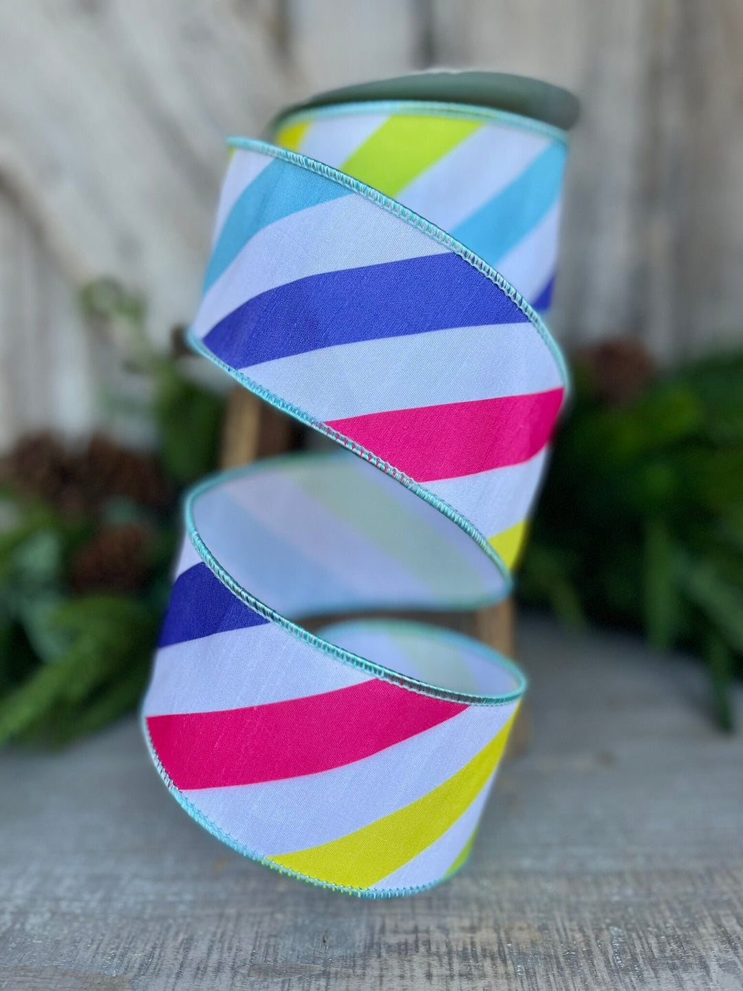 2.5" Rainbow Diagonal Stripe, Wired Ribbon, Summer Ribbon