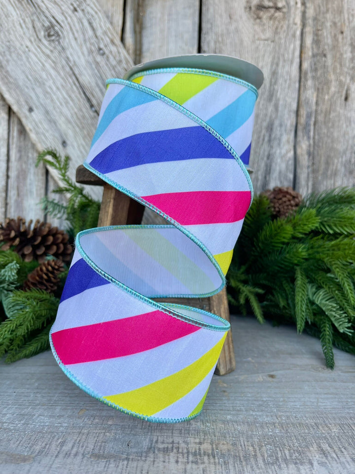 2.5" Rainbow Diagonal Stripe, Wired Ribbon, Summer Ribbon