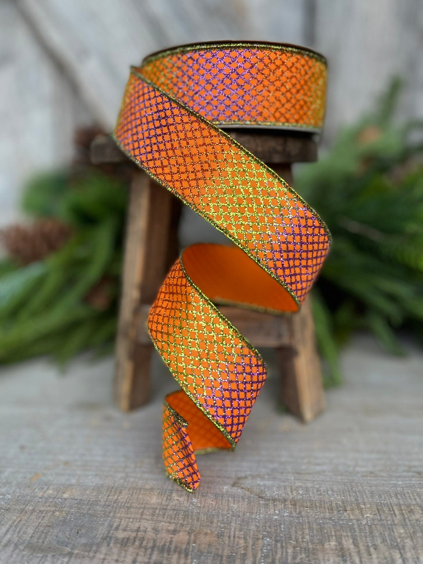 1.5" Orange Lizard Lattice Wired Ribbon, Farrisilk Ribbon, Designer Ribbon