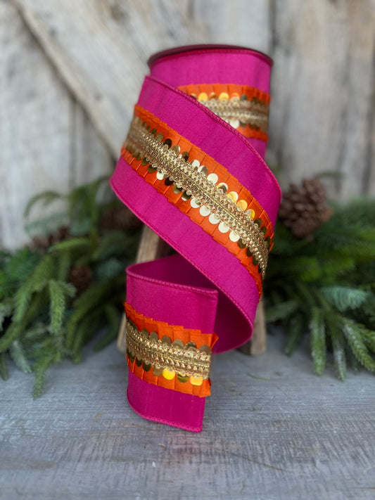 4" Pink Orange Nutcracker Frills, Farrisilk RIbbon, Pink Wired RIbbon