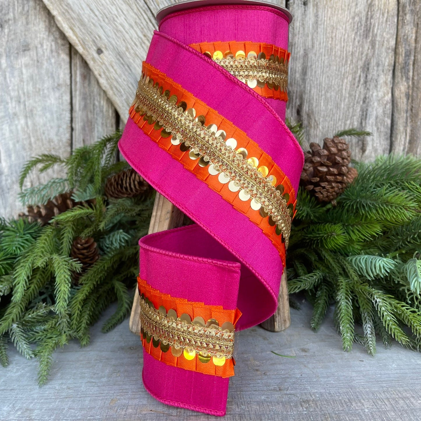 4" Pink Orange Nutcracker Frills, Farrisilk RIbbon, Pink Wired RIbbon