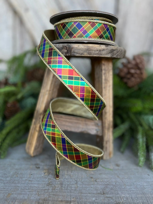 1" Jewel Tone Plaid Metallic Ribbon, Wired RIbbon, CHristmas RIbbon