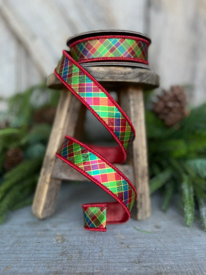 7/8" Jewel Tone Plaid Metallic Ribbon, Wired RIbbon