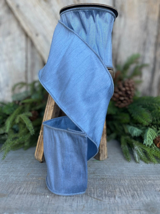 4" French Blue Dupioni Ribbon, Wired Ribbon