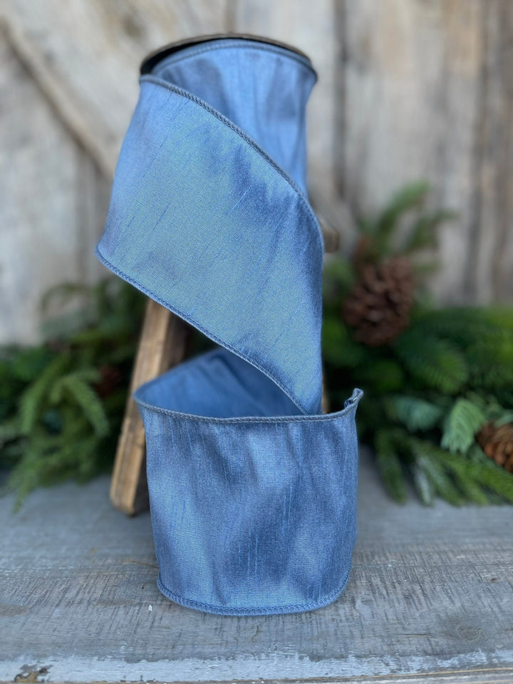 4" French Blue Dupioni Ribbon, Wired Ribbon