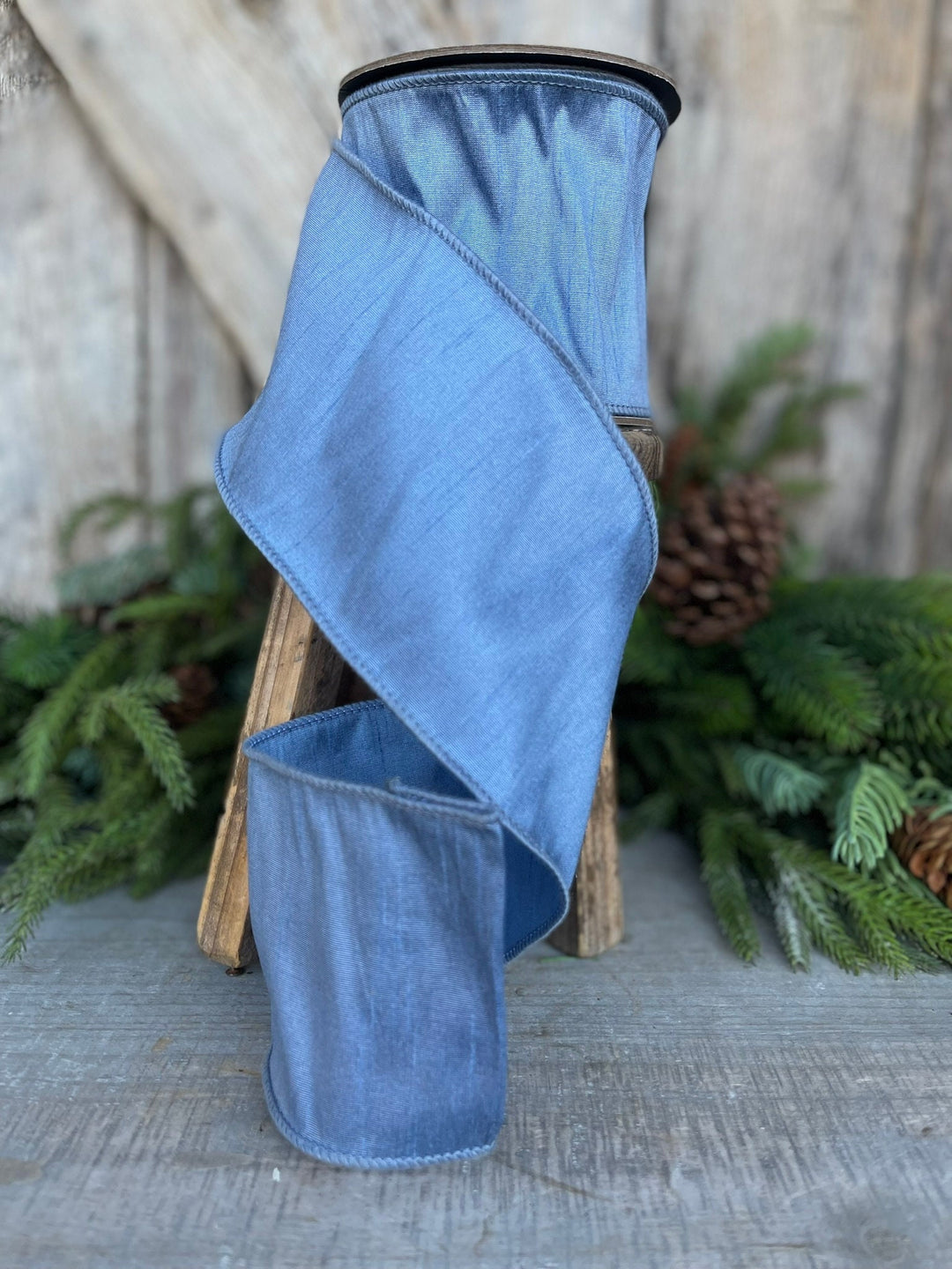 4" French Blue Dupioni Ribbon, Wired Ribbon