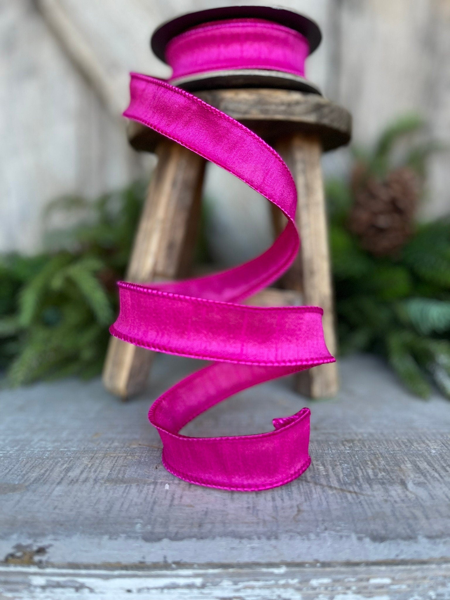 7/8" Hot Pink Dupioni Ribbon, Wired Ribbon,Narrow Ribbon,Skinny Ribbon