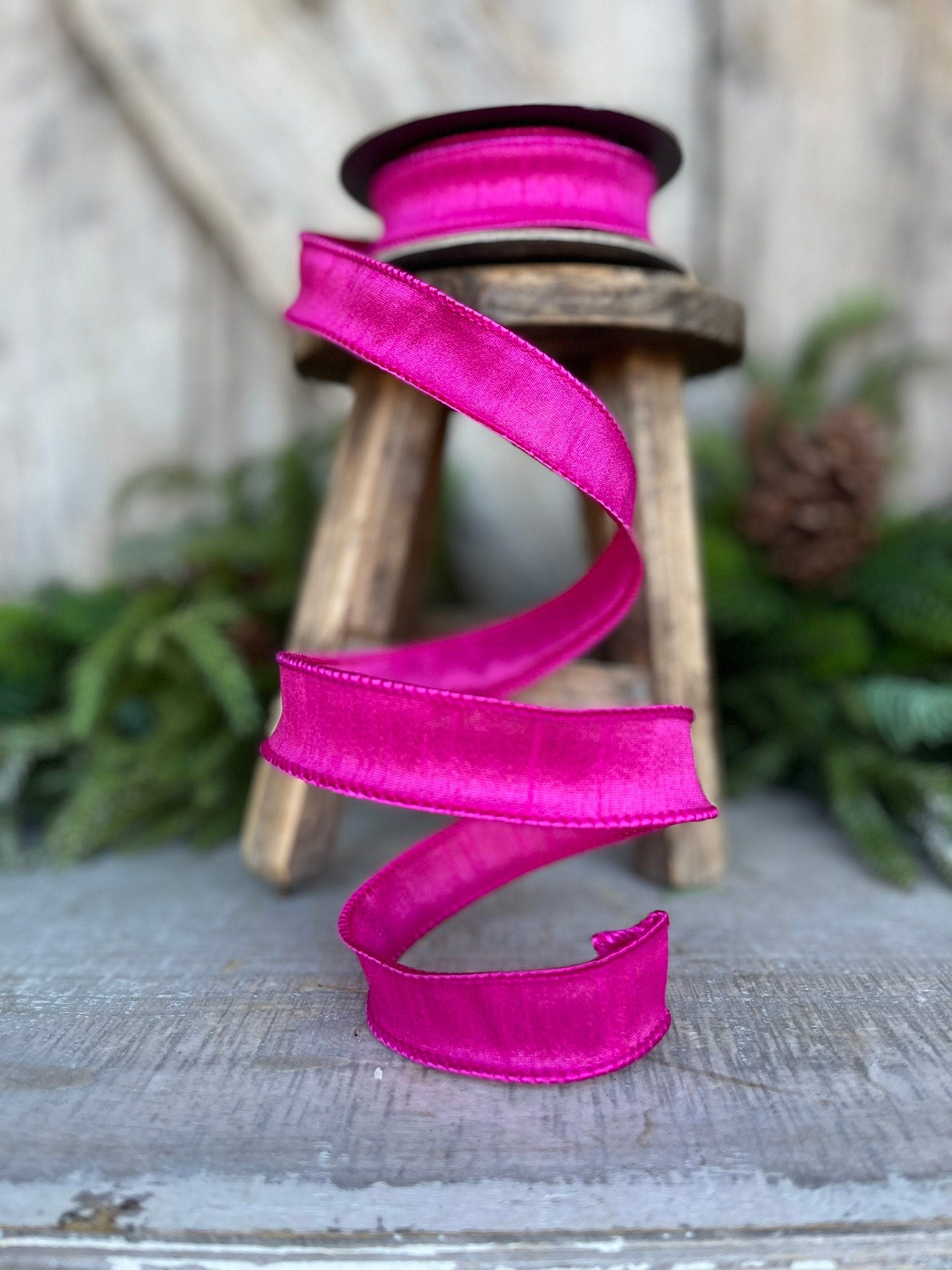 7/8" Hot Pink Dupioni Ribbon, Wired Ribbon,Narrow Ribbon,Skinny Ribbon