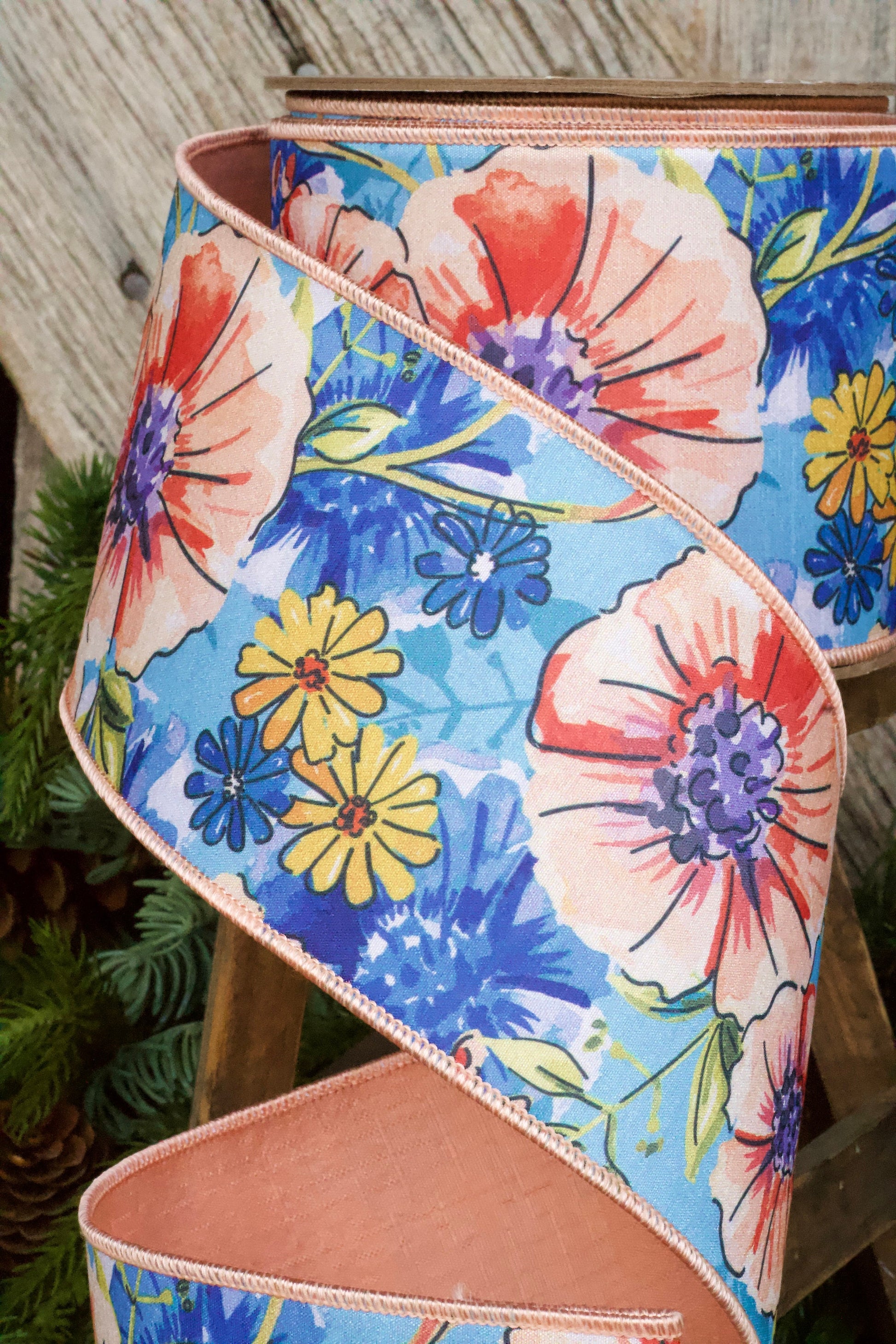 4" Blue Daisy Primrose Ribbon by D Stevens, Wired Ribbon