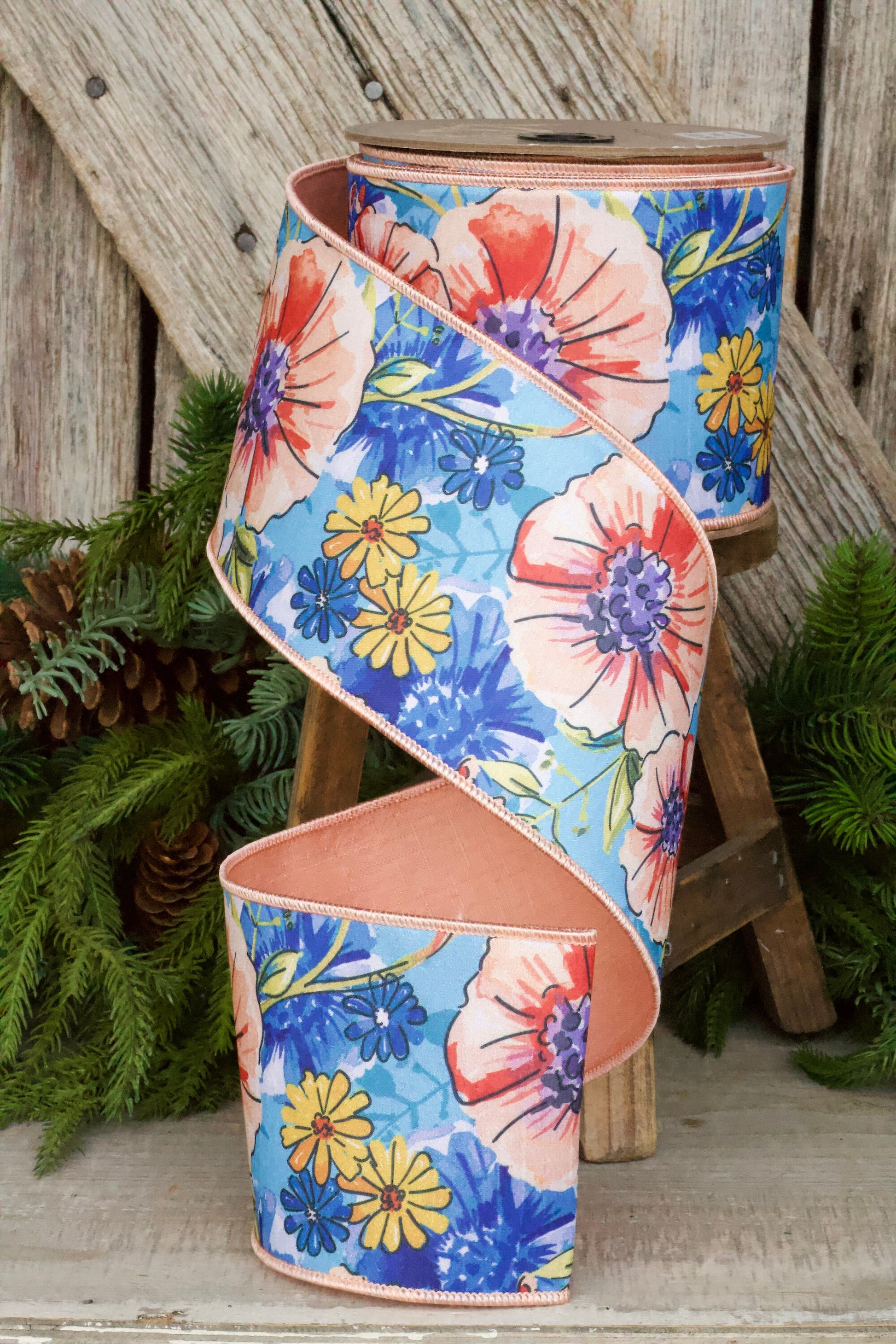 4" Blue Daisy Primrose Ribbon by D Stevens, Wired Ribbon