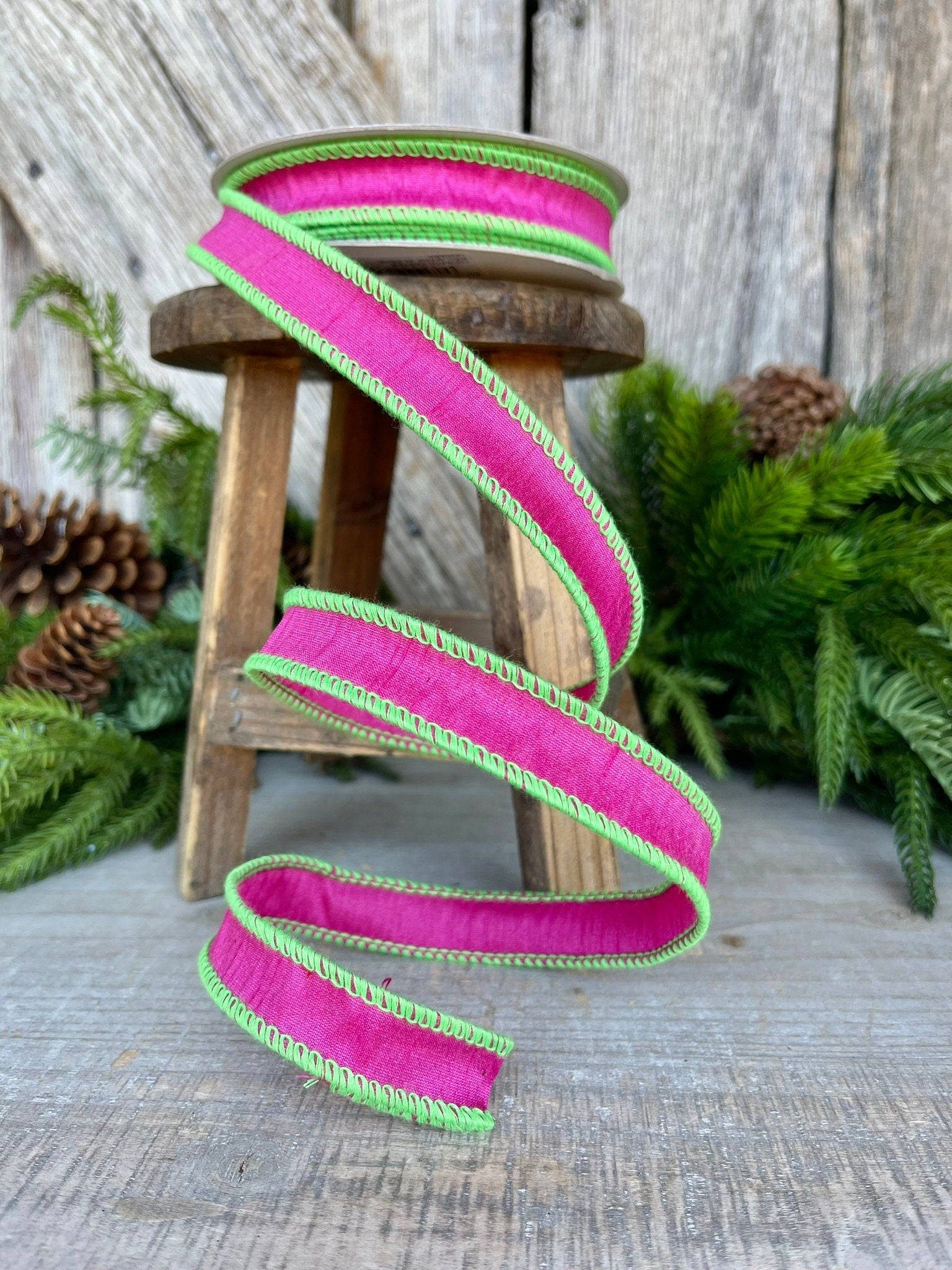 1" Hot Pink Lime Green Cord Ribbon, Hot Pink Ribbon, Narrow Ribbon