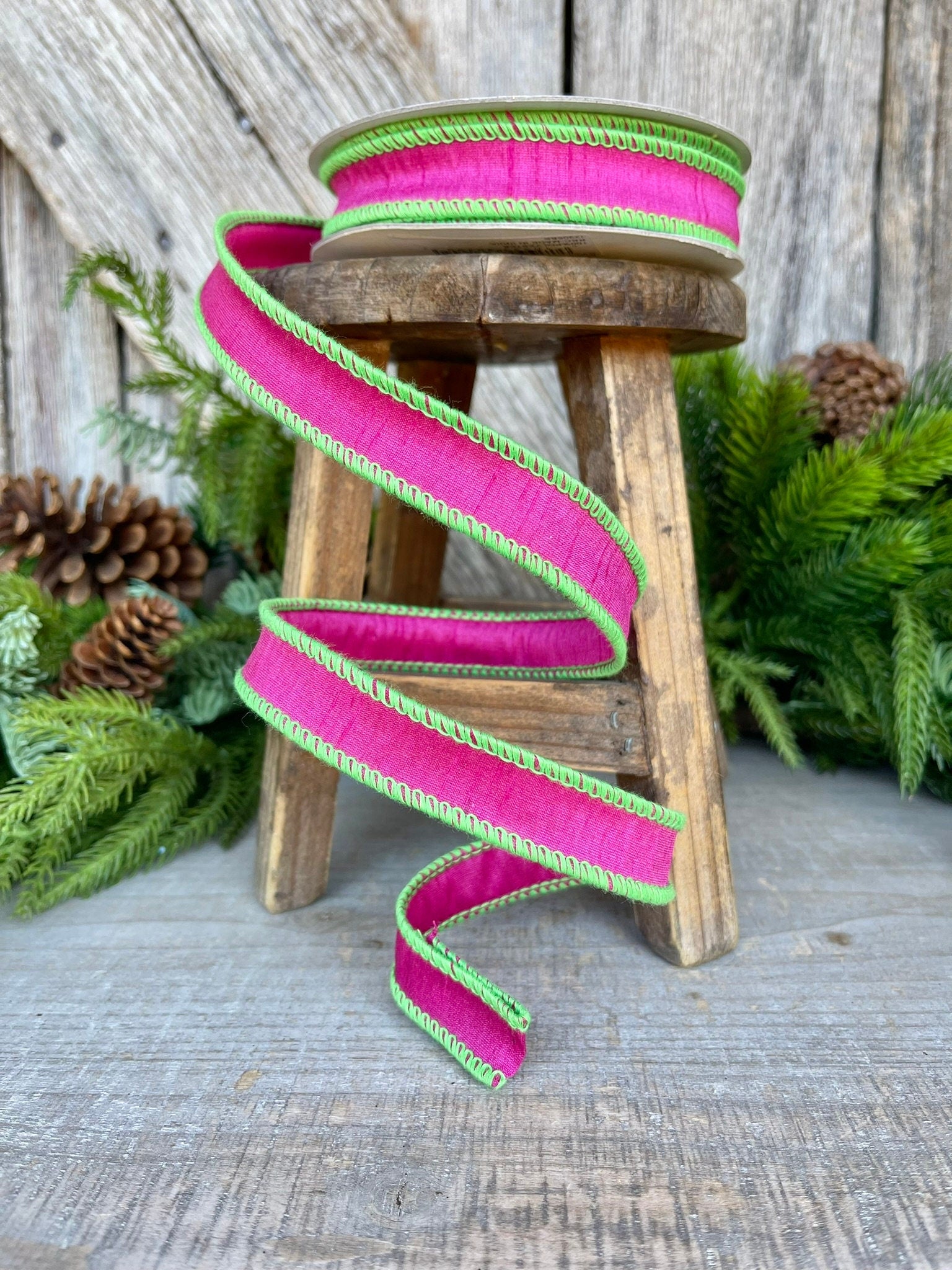 1" Hot Pink Lime Green Cord Ribbon, Hot Pink Ribbon, Narrow Ribbon