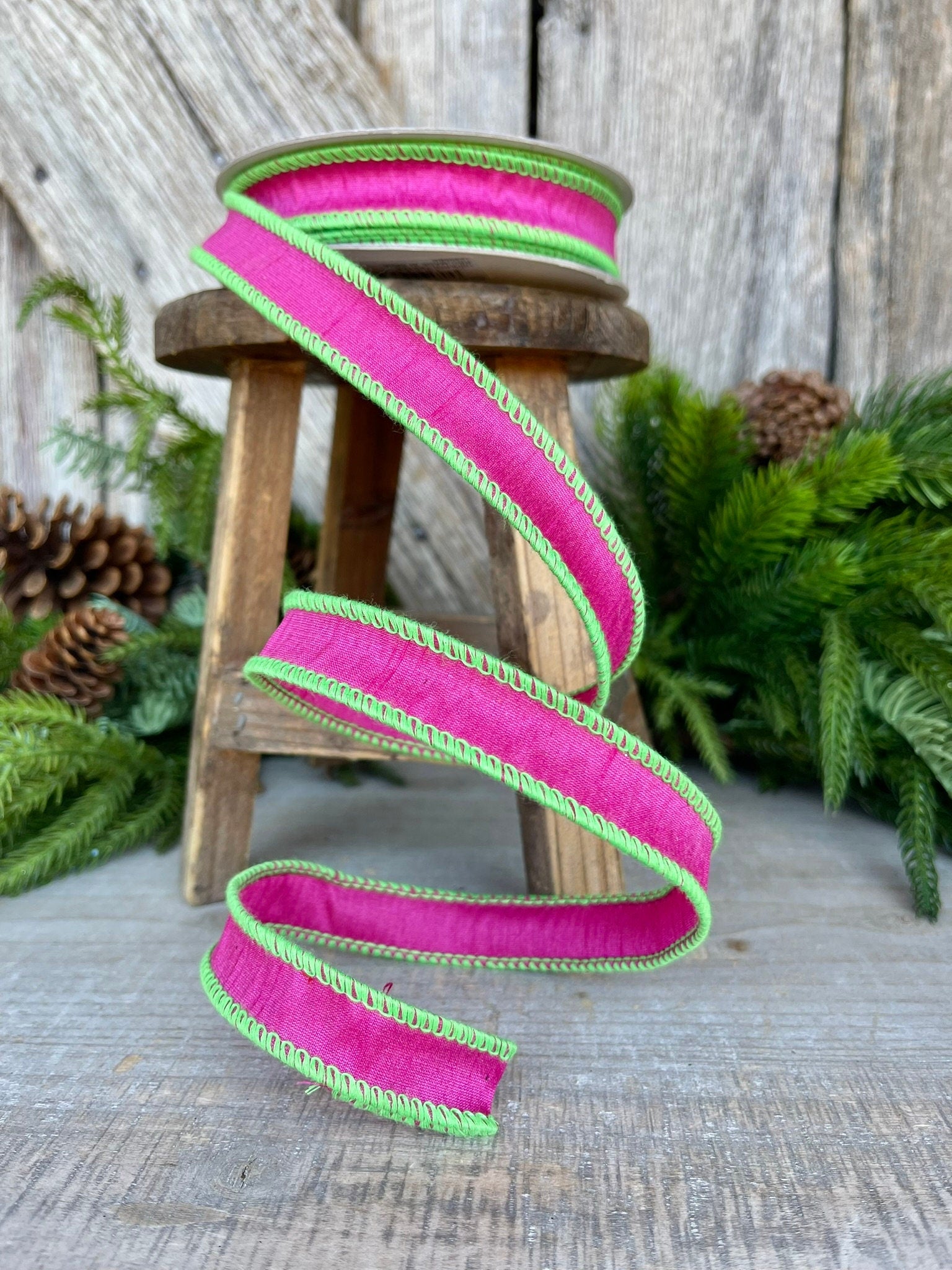 1" Hot Pink Lime Green Cord Ribbon, Hot Pink Ribbon, Narrow Ribbon