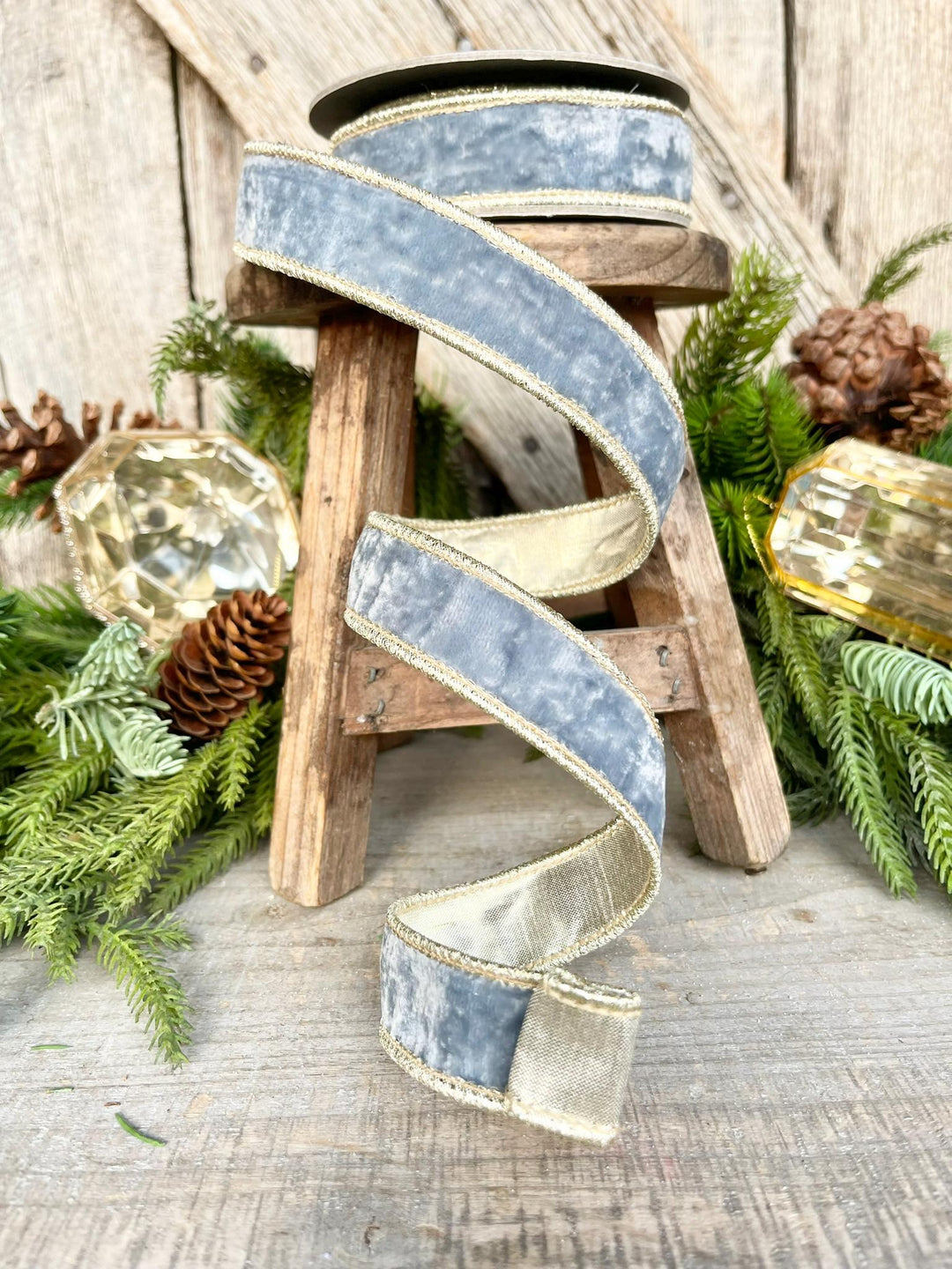 1" French Blue Velvet, Light Blue Velvet Ribbon, Wired Ribbon