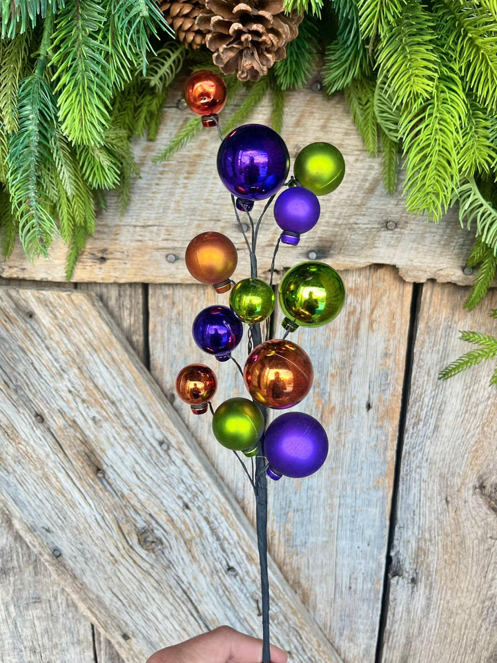 16" Halloween Ball Pick, Purple Orange Black Ball Spray, Halloween Picks &amp; Stems